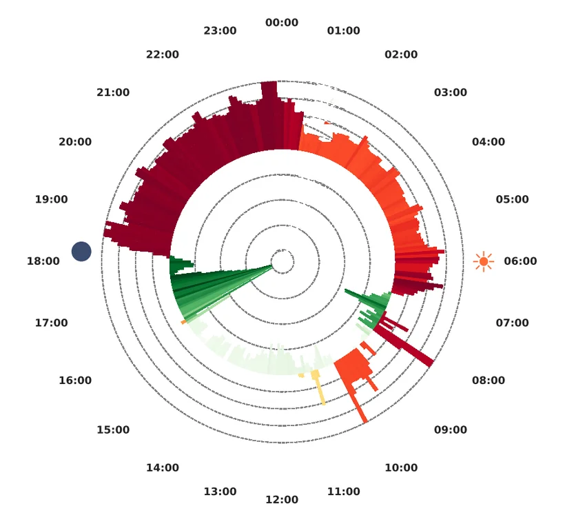 Circular chart of one day on a wholesale-linked plan. Outer bars show energy bought from the grid, coloured by price; inner green bars show solar exported, with sunrise and sunset marked.