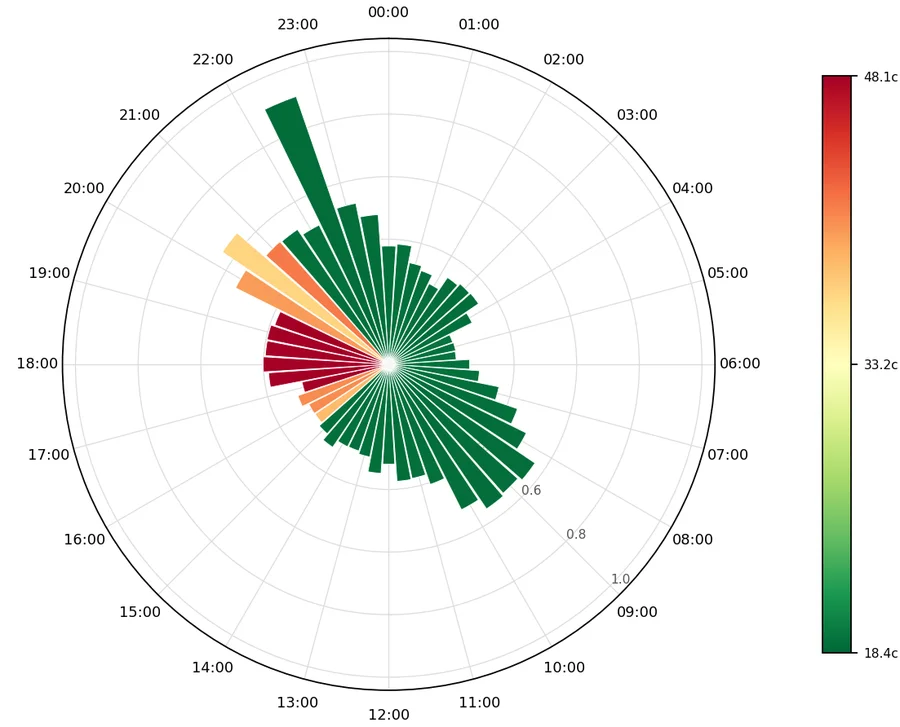 Circular chart of average electricity use for each half-hour of the day over a winter, coloured by tariff price. Usage peaks in the evening when prices are highest, around 48 cents per kWh.